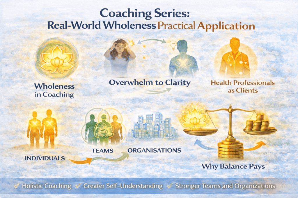 Coaching Series: Real-World Wholeness Practical Application is reflected in this infographic showing the full coaching journey from wholeness in coaching through overwhelm to clarity, health professionals as clients, and progression from individuals to teams to organisations, highlighting why balance pays.