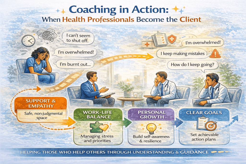 Coaching in Action: When Health Professionals Become the Client is reflected in this infographic showing nurses and doctors moving from overwhelm and burnout toward clarity through coaching support, work-life balance, personal growth, and clear goal setting.