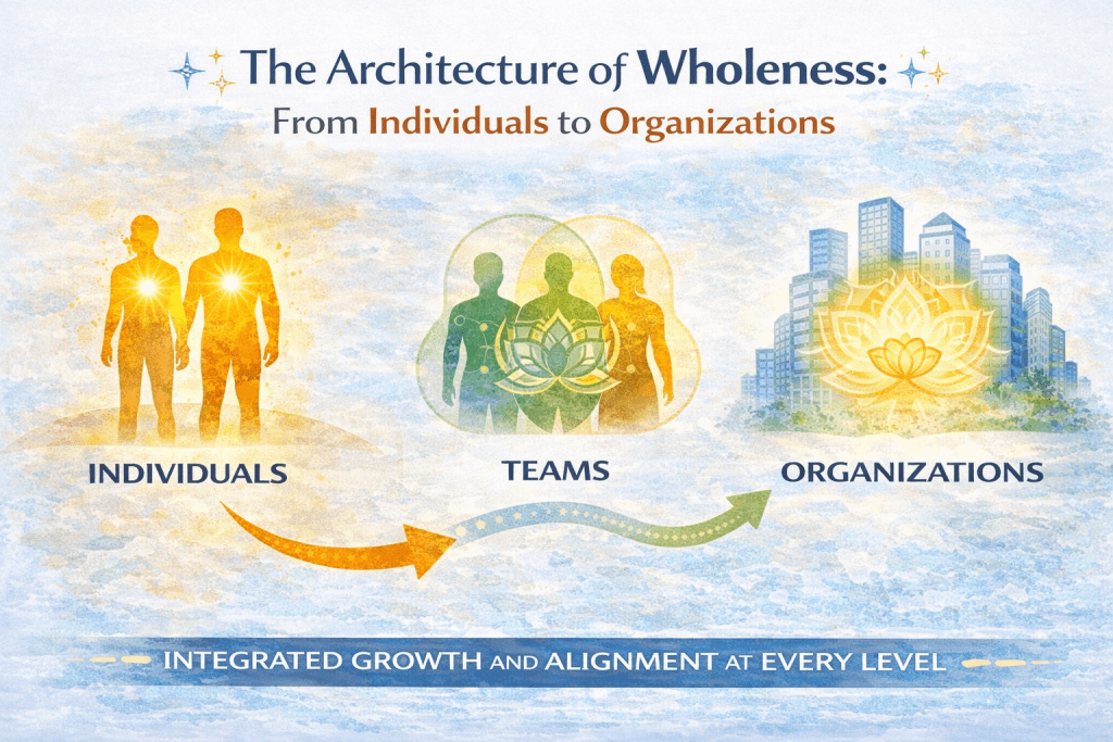 The Architecture of Wholeness: From Individuals to Organisations is reflected in this infographic showing a progression from individuals to teams to organisations, illustrating how wholeness in coaching expands from personal alignment to collective growth.