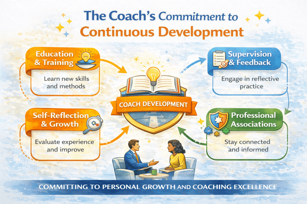 The Coach’s Commitment to Continuous Development is reflected in this infographic showing education and training, supervision and feedback, professional associations, and self-reflection connected around a central coach development emblem.