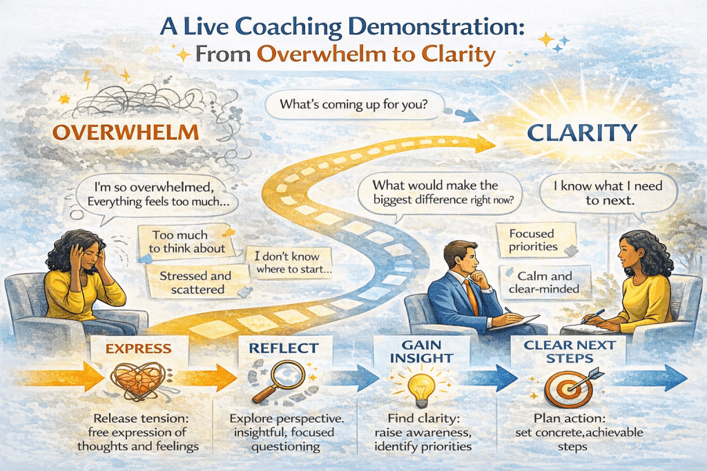 A Live Coaching Demonstration: From Overwhelm to Clarity is reflected in this infographic showing the coaching journey moving from overwhelm toward clarity through four stages: Express, Reflect, Gain Insight, and Clear Next Steps.
