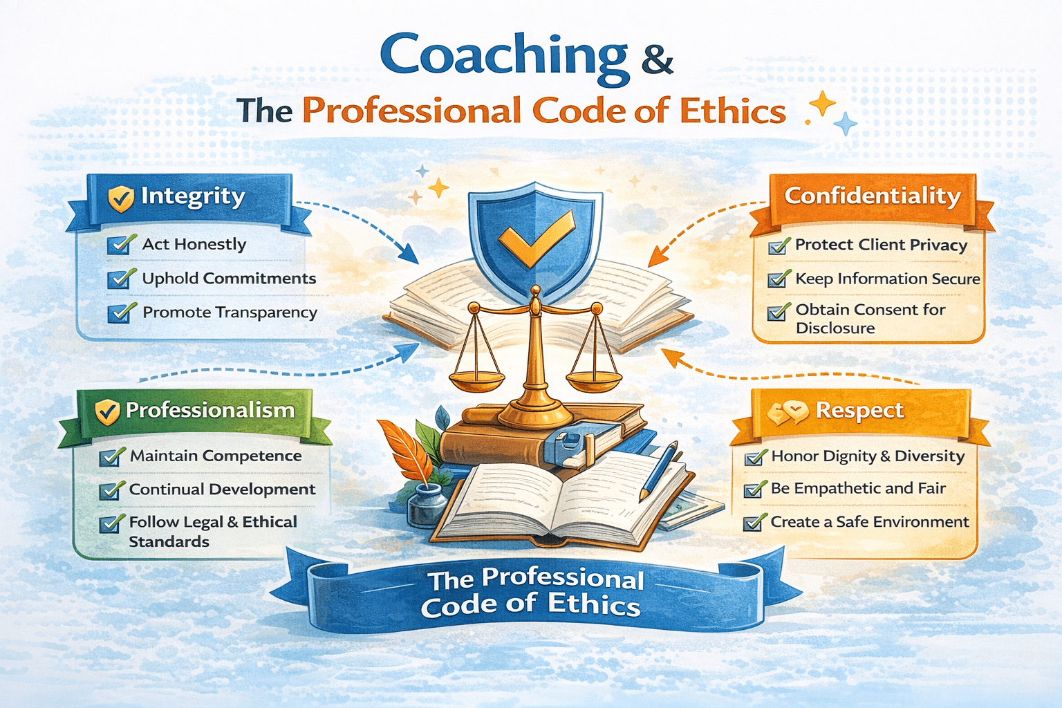 Coaching and its Professional Code of Ethics is reflected in this infographic showing four core ethical pillars—integrity, confidentiality, professionalism, and respect—arranged around a central symbol of balanced scales and an open book representing ethical standards in coaching practice.