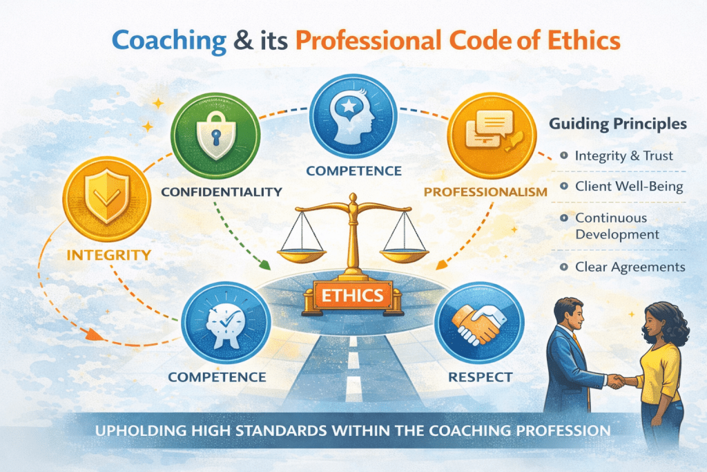 Coaching and its Professional Code of Ethics is reflected in this infographic showing integrity, confidentiality, competence, professionalism, and respect connected around a central scale labelled “Ethics,” with guiding principles including trust, client well-being, continuous development, and clear agreements.