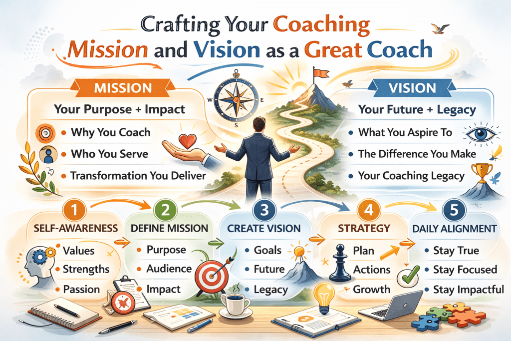 Crafting Your Coaching Mission and Vision as a Great Coach is reflected in this infographic showing mission and vision sections side by side, supported by self-awareness, strategy, daily alignment, and purposeful growth steps.