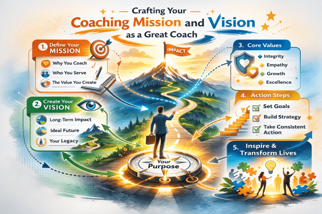 Crafting Your Coaching Mission and Vision as a Great Coach is reflected in this infographic showing mission, vision, core values, action steps, and long-term impact arranged around a central pathway leading toward purpose and professional growth.