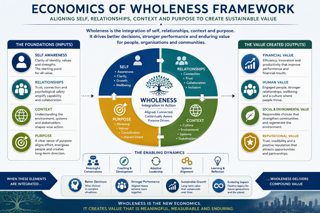 Economics of Wholeness Framework is reflected in this infographic showing how self-awareness, relationships, context, and purpose integrate to create sustainable financial, human, social, environmental, and reputational value.