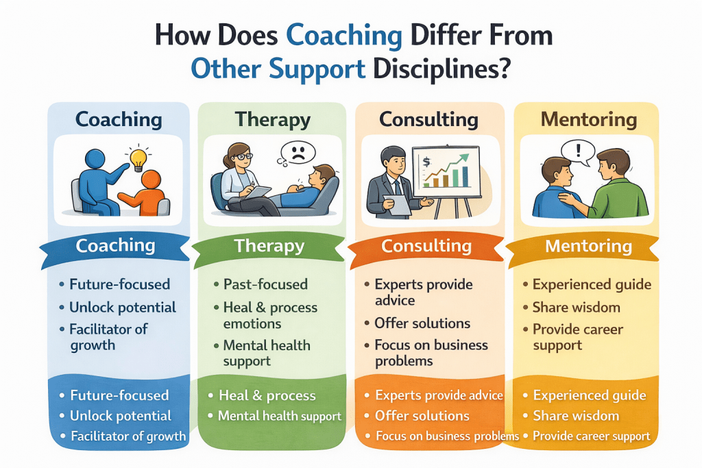 How Does Coaching Differ From Other Support Disciplines? - This Infographic is showing four side-by-side columns: Coaching, Therapy, Consulting, and Mentoring. Coaching is described as future-focused and growth-oriented; Therapy as past-focused and healing-centred; Consulting as expert advice and solution-driven; Mentoring as guidance based on experience.