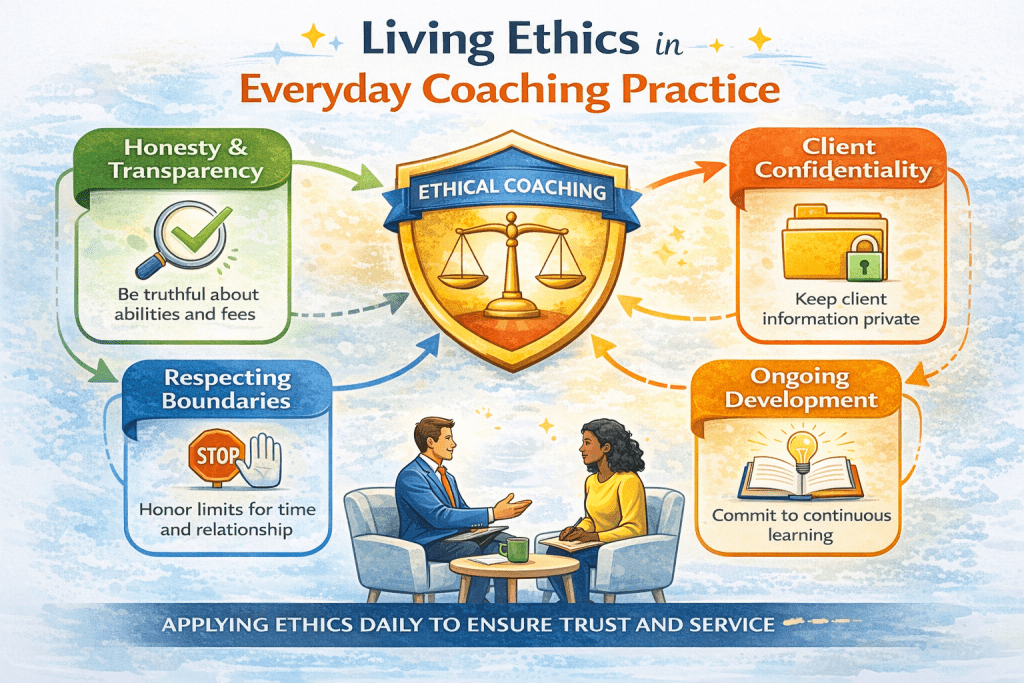 Living Ethics in Everyday Coaching Practice is reflected in this infographic showing honesty and transparency, client confidentiality, respecting boundaries, and ongoing development connected around a central shield labelled “Ethical Coaching,” with a coaching conversation illustrated below.