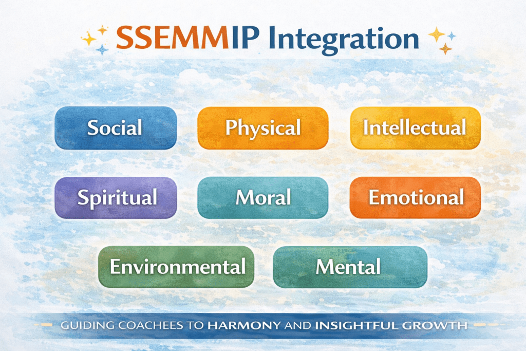 SSEEMMIP Integration within wholeness in coaching is reflected in this infographic showing eight interconnected domains of human development: Social, Physical, Intellectual, Spiritual, Moral, Emotional, Environmental, and Mental.