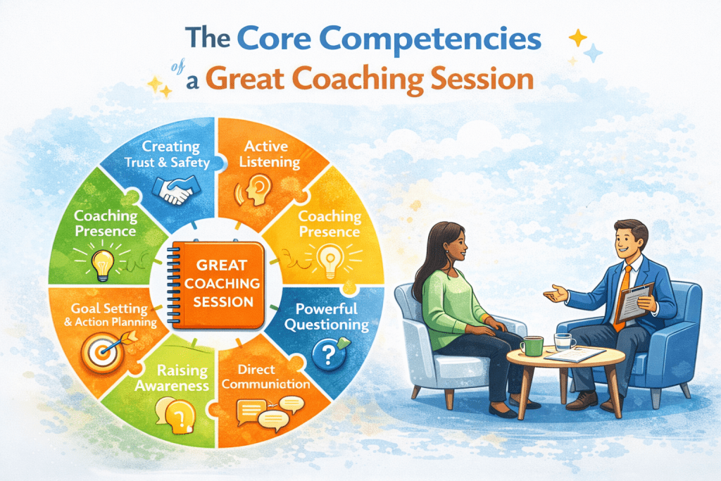 The Core Competencies of a Great Coaching Session is reflected in this infographic showing a circular framework of essential skills including trust and safety, coaching presence, active listening, powerful questioning, raising awareness, direct communication, and goal setting with action planning.