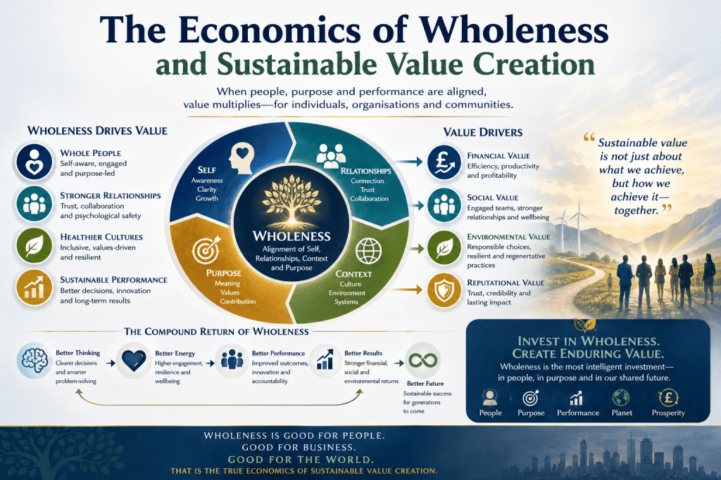 The Economics of Wholeness and Sustainable Value Creation is reflected in this infographic showing how alignment between self, relationships, context, and purpose creates financial, social, environmental, and reputational value for individuals, organisations, and communities.