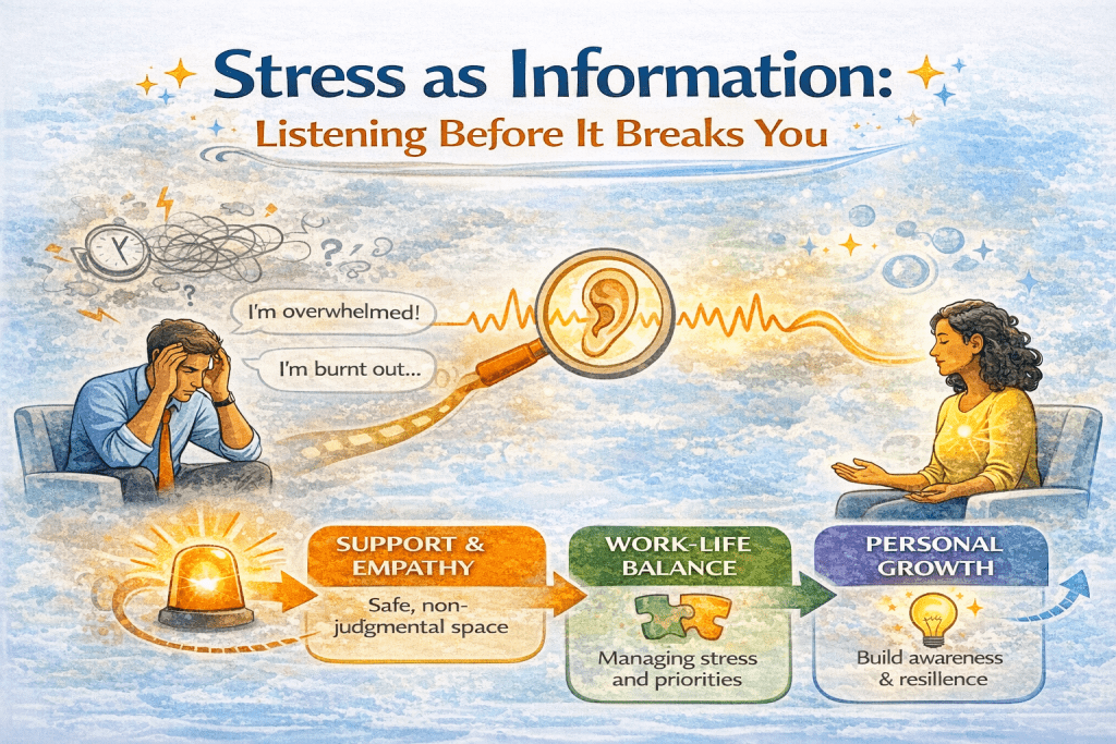 Stress as Information: Listening Before It Breaks You is reflected in this infographic showing stress signals moving from overwhelm toward awareness through listening, regulation, and personal insight.