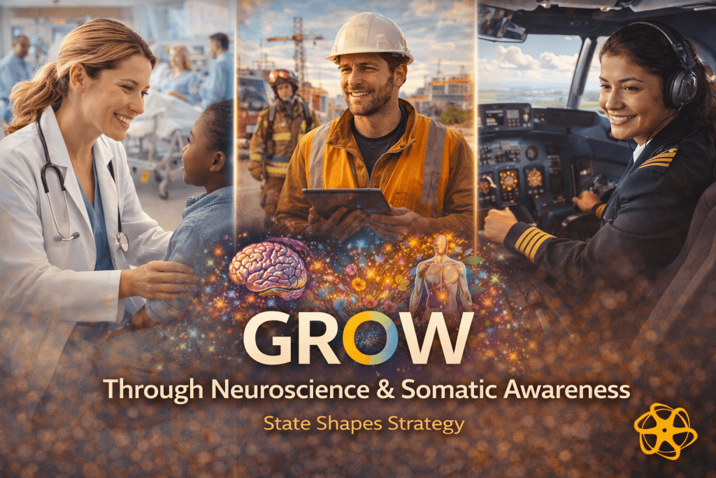 Three-panel frontline composition titled “GROW Through Neuroscience & Somatic Awareness — State Shapes Strategy.” Left shows a doctor speaking warmly with a young patient in a bright hospital ward. Centre shows a construction supervisor reviewing information on a tablet while a firefighter and active site appear behind, symbolising operational decision environments. Right shows a commercial pilot in a cockpit smiling calmly during flight preparation. At the centre beneath the panels, a stylised brain and human body graphic radiate light around the word “GROW,” symbolising the link between nervous system state and strategic thinking. Enasni gold atom logo positioned bottom right.