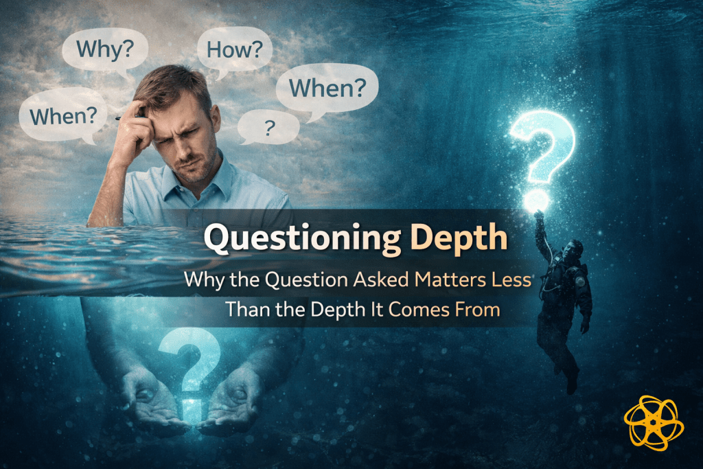 Split water-themed image titled “Questioning Depth — Why the Question Asked Matters Less Than the Depth It Comes From.” Upper left shows a professional at the surface surrounded by floating question words such as “Why?”, “How?”, and “When?”. Lower and right sections show a deep-sea diver underwater holding a glowing question mark, symbolising depth of inquiry. Enasni gold atom logo positioned subtly in the bottom right corner for brand continuity.