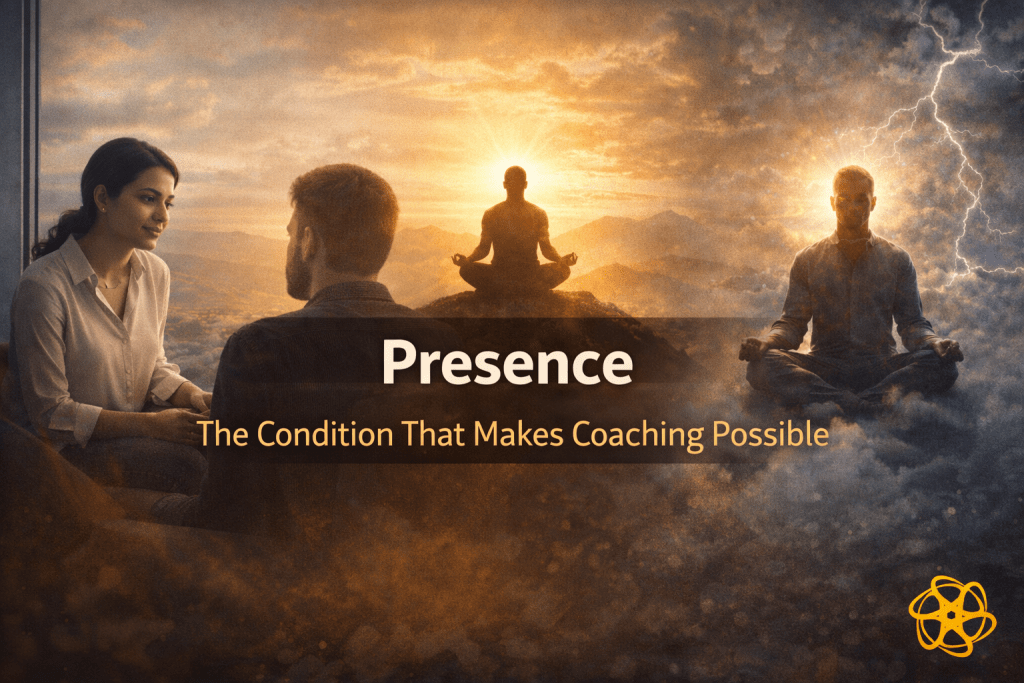 Cinematic composite image titled “Presence — The Condition That Makes Coaching Possible.” Left shows a coach and client seated in attentive dialogue. Centre shows a silhouetted figure meditating at sunrise on a mountain peak. Right shows a calm seated figure in stillness beneath a storm-lit sky, symbolising steadiness within intensity. Enasni gold atom logo positioned in the bottom right corner for brand continuity.
