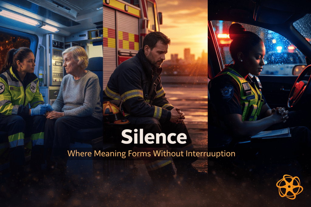 Three-panel cinematic image titled “Silence — Where Meaning Forms Without Interruption.” Left shows a paramedic seated inside an ambulance holding an elderly patient’s hands in quiet presence. Centre shows a firefighter seated alone at sunset in reflective stillness beside a fire engine. Right shows a police officer inside a patrol car at night, emergency lights reflecting softly as quiet focus replaces urgency. Enasni gold atom logo positioned in the bottom right corner.