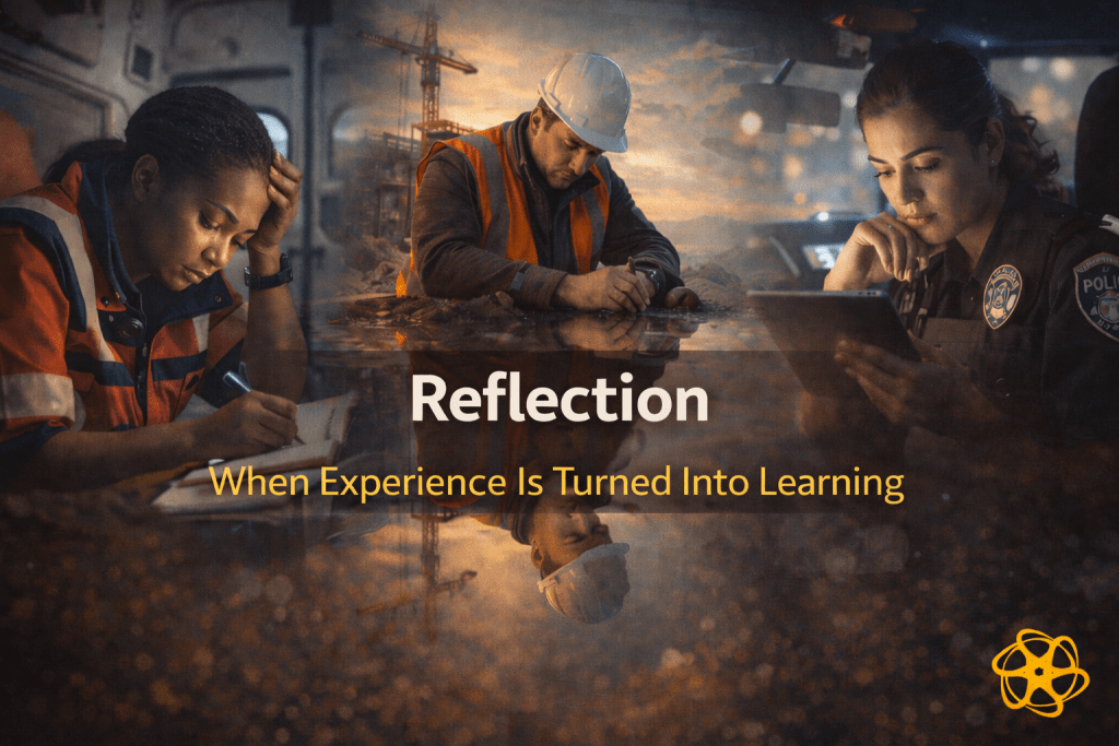 Three-panel frontline composition titled “Reflection — When Experience Is Turned Into Learning.” Left shows a paramedic inside an ambulance writing reflective notes after a call. Centre shows a construction worker in a hard hat reviewing plans at sunset on an active site. Right shows a police officer in uniform analysing information on a tablet inside a patrol vehicle at night. A subtle mirrored reflection beneath the panels symbolises experience examined and integrated. Enasni gold atom logo positioned in the bottom right corner.