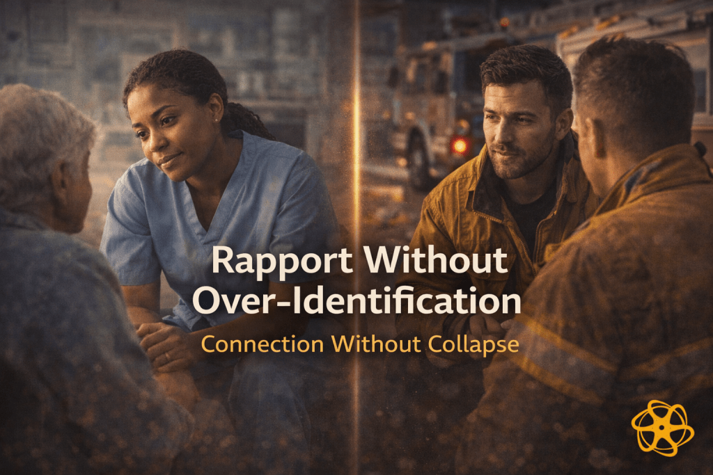 Cinematic frontline image titled “Rapport Without Over-Identification — Connection Without Collapse.” Left shows a nurse in conversation with an elderly patient in a clinical setting. Right shows two firefighters in steady discussion beside a fire engine at dusk. A subtle vertical light line between scenes symbolises boundary within connection. Enasni gold atom logo positioned bottom right.