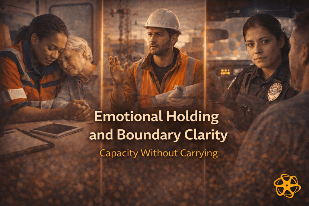 Three-panel frontline composition titled “Emotional Holding and Boundary Clarity — Capacity Without Carrying.” Left shows a paramedic compassionately supporting an elderly patient inside an ambulance. Centre shows a construction supervisor explaining instructions clearly while holding site plans. Right shows a police officer listening attentively during a calm conversation. Soft vertical light seams separate the panels, symbolising supportive presence with maintained boundaries. Enasni gold atom logo positioned bottom right.