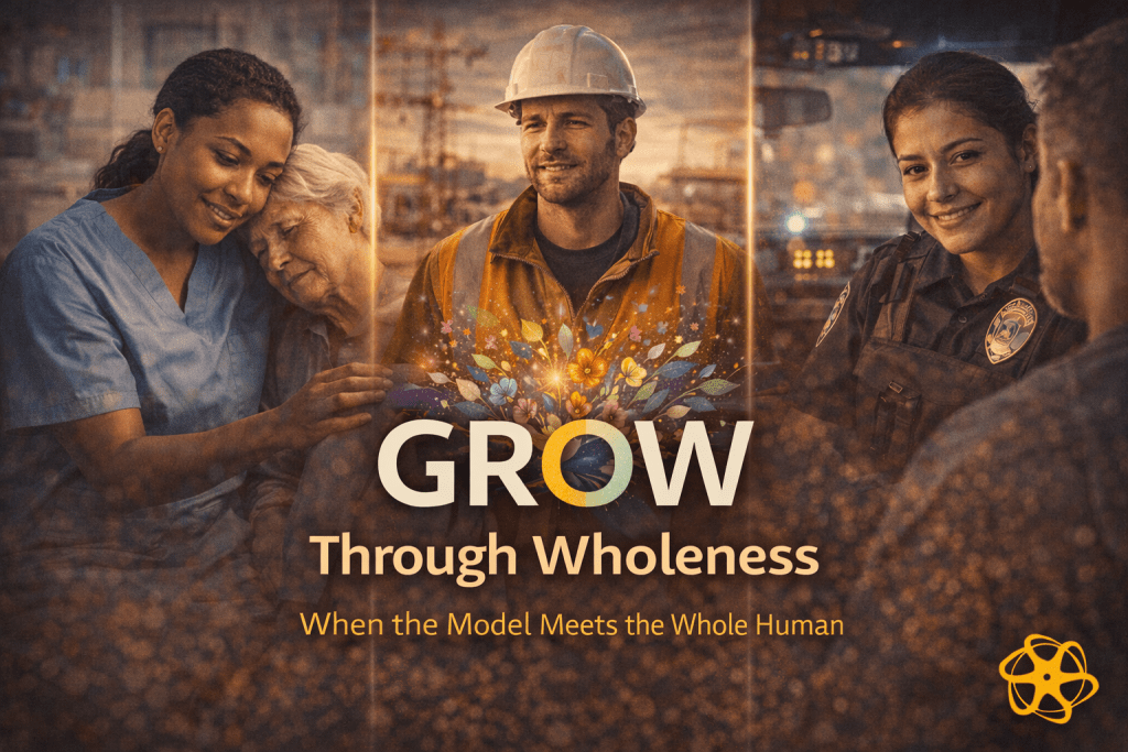 Three-panel frontline composition titled “GROW Through Wholeness — When the Model Meets the Whole Human.” Left shows a nurse supporting an elderly patient with warmth and steadiness. Centre shows a construction supervisor standing confidently on site as symbolic flowers and light emerge around the word “GROW.” Right shows a police officer in calm conversation with a community member. Soft vertical light seams separate the panels, symbolising structured development meeting human complexity. Enasni gold atom logo positioned bottom right.