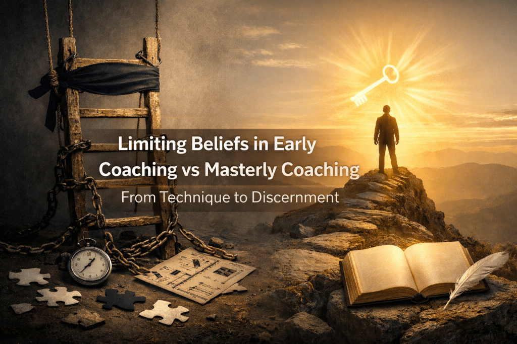 Split symbolic image showing “Limiting Beliefs in Early Coaching vs Masterly Coaching — From Technique to Discernment.” Left side features a chained wooden ladder blindfolded with black cloth, scattered puzzle pieces, a clock, and printed technique sheets in muted tones. Right side shows a silhouetted figure standing on a mountain peak in golden sunrise light beneath a glowing key, with an open book and feather in the foreground, representing discernment and mastery.