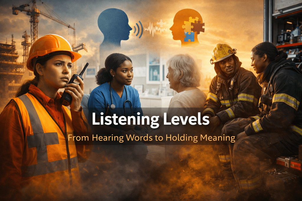 Composite image featuring frontline professionals beneath the title “Listening Levels — From Hearing Words to Holding Meaning.” Left shows a construction worker using a radio on an active site. Centre shows a nurse attentively listening to an elderly patient in a clinical setting. Right shows firefighters in reflective conversation on an emergency vehicle. Above them, visual icons transition from sound waves to connected puzzle pieces, symbolising progression from hearing to deep understanding.