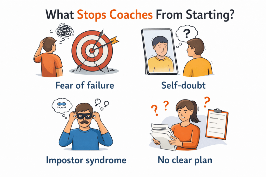 Infographic titled “What Stops Coaches From Starting?” with four illustrated barriers: fear of failure (person scratching head beside a target with arrows), self-doubt (person looking at a worried reflection in a mirror), impostor syndrome (person lifting a mask with thought bubbles), and no clear plan (person holding papers with question marks and a clipboard).