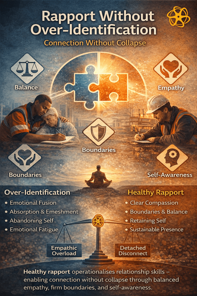 A structured infographic-hybrid composition illustrating the distinction between relational connection and emotional over-identification within frontline environments. The central interlocking puzzle pieces represent attuned connection without psychological fusion. Supporting icons highlight core components of sustainable rapport: balance, empathy, boundaries, and self-awareness. The lower comparison framework contrasts over-identification — characterised by emotional absorption and fatigue — with healthy rapport defined by regulated compassion, retained identity, and operational steadiness. Background imagery subtly integrates healthcare and construction professionals to anchor application in frontline practice. The Enasni gold atom logo appears in the upper right to maintain consistent brand architecture while preserving visual clarity.