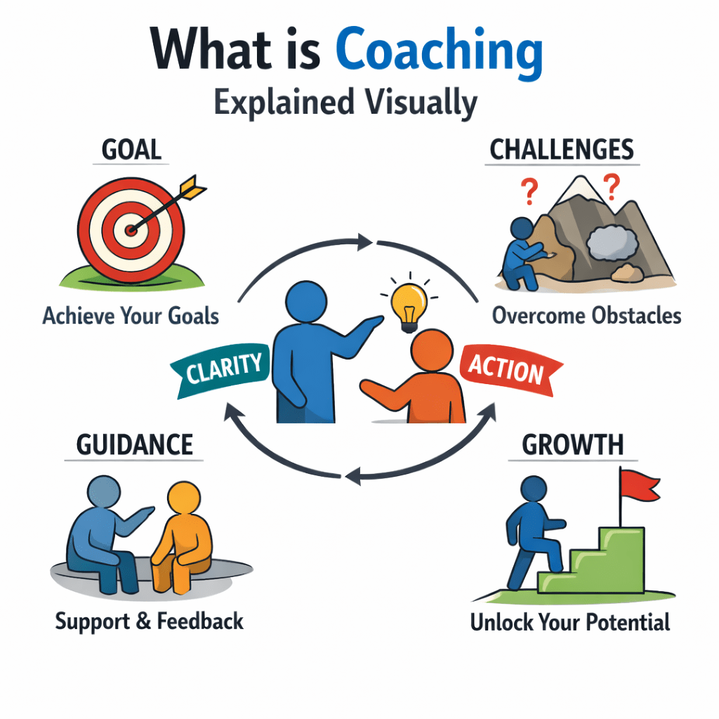 What is Coaching - The Question Explained Visually via an Infographic showing a central coaching conversation with a lightbulb between two figures, surrounded by a circular process labelled “Clarity” and “Action.” Four sections illustrate goal setting (target and arrow), overcoming challenges (mountain and obstacles), guidance (supportive conversation), and growth (steps leading to a flag).