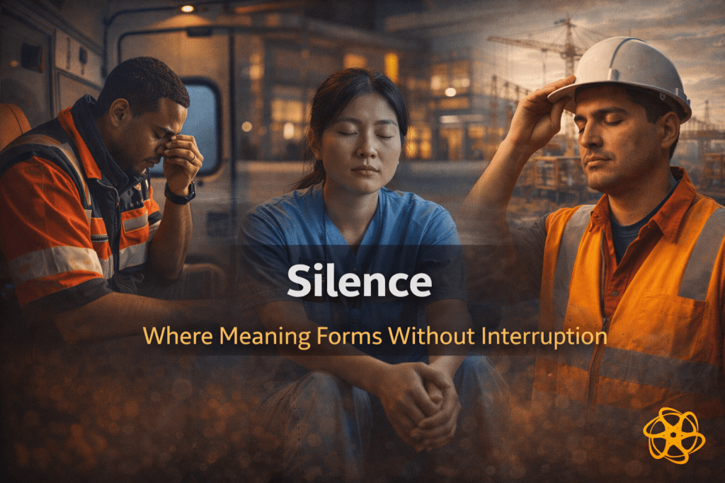 Three-panel cinematic image titled “Silence — Where Meaning Forms Without Interruption.” Left shows a paramedic seated inside an ambulance holding an elderly patient’s hands in quiet presence. Centre shows a firefighter seated alone at sunset in reflective stillness beside a fire engine. Right shows a police officer inside a patrol car at night, emergency lights reflecting softly as quiet focus replaces urgency. Enasni gold atom logo positioned in the bottom right corner.