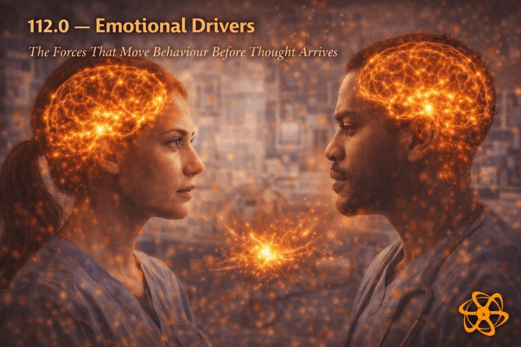 Single-scene healthcare image titled “Emotional Drivers — The Forces That Move Behaviour Before Thought Arrives.” Two clinicians facing each other in a clear clinical environment. Subtle illuminated neural patterns in each head and a shared light between them symbolise emotional activation preceding cognition. Background bright and softly detailed. Enasni gold atom logo positioned bottom right.