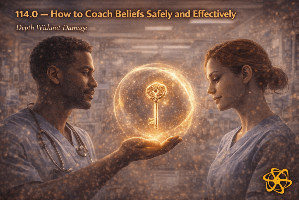 Single-scene healthcare image titled “How to Coach Beliefs Safely and Effectively — Depth Without Damage.” Two clinicians in a clear clinical setting facing each other with calm, grounded presence. A soft protective sphere surrounds a glowing key held between them, symbolising safe access to belief-level work. Background bright and uncluttered. Enasni gold atom logo positioned bottom right.