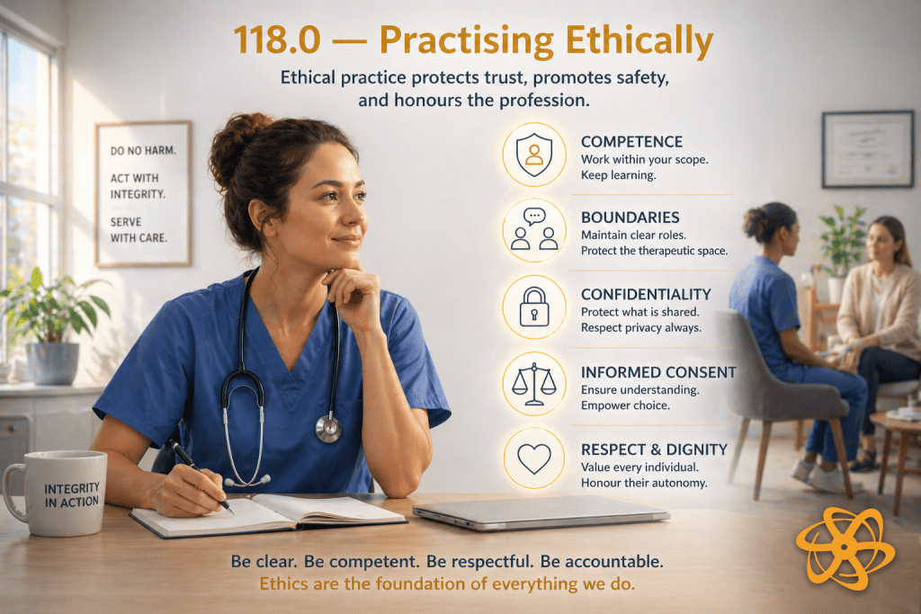 Single-scene healthcare image titled “Practising Ethically.” A clinician seated in a bright, calm clinical space, writing with focused attention. In the background, a respectful, professional interaction unfolds between practitioner and patient. Environment clear, balanced, and grounded. Enasni gold atom logo positioned bottom right.