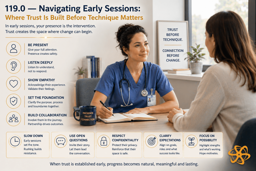 Single-scene healthcare image titled “Navigating Early Sessions: Where Trust Is Built Before Technique Matters.” A clinician seated in calm conversation with a client in a bright, welcoming clinical environment. Body language open, attentive, and grounded. Background softly organised and naturally lit. Enasni gold atom logo positioned bottom right.