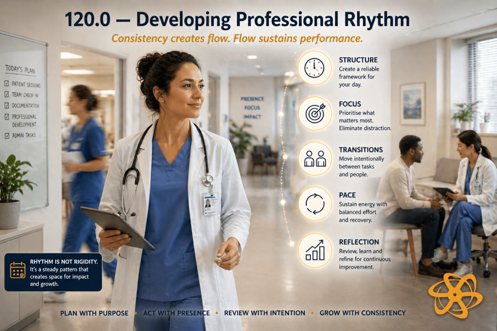 Single-scene healthcare image titled “Developing Professional Rhythm.” A clinician walking with calm focus through a bright clinical corridor, holding a tablet. Subtle motion in the background and steady clarity in the foreground symbolise flow, timing, and consistency. Environment clear and naturally lit. Enasni gold atom logo positioned bottom right.