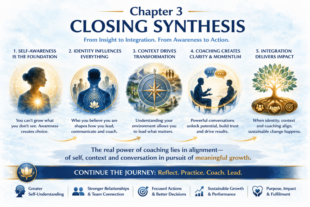 Chapter 3 Closing Synthesis is reflected in this infographic showing the progression from self-awareness and identity through context, coaching, and integration toward meaningful growth and sustainable transformation.