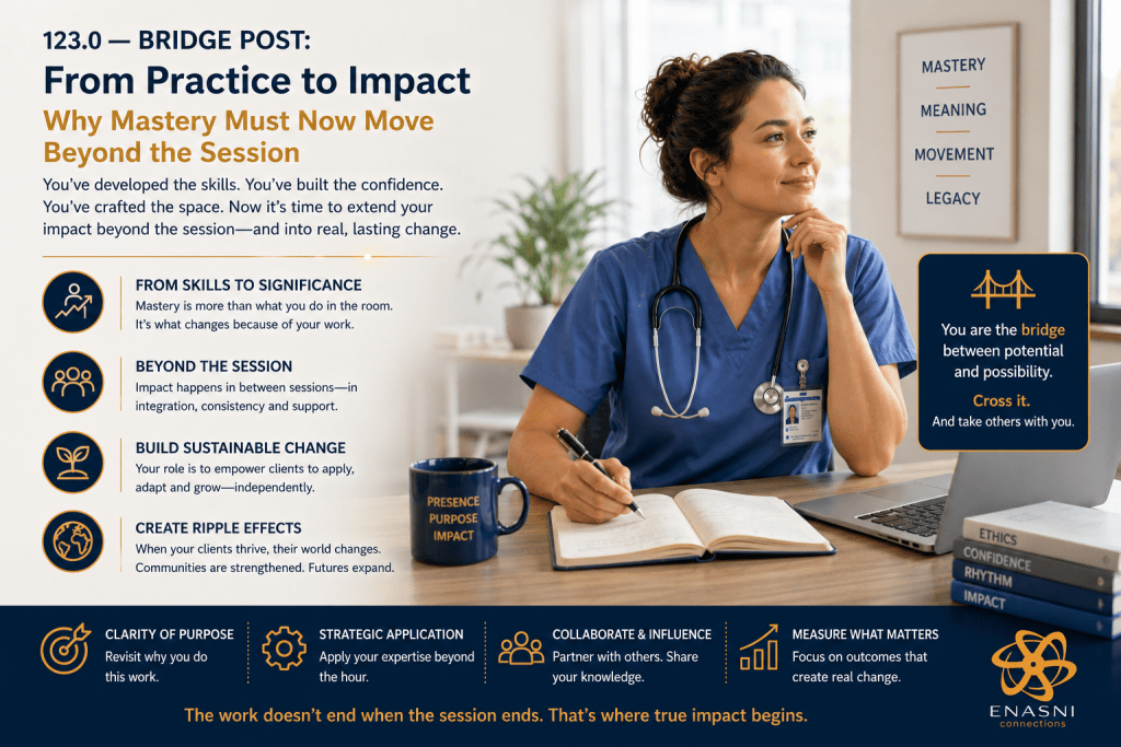 Single-scene healthcare image titled “Bridge Post: From Practice to Impact — Why Mastery Must Now Move Beyond the Session.” A clinician seated in a bright professional workspace, reflecting while writing beside a laptop and notebook. Environment calm, organised, and forward-facing, symbolising transition from direct practice into broader influence and sustained impact. Enasni gold atom logo positioned bottom right.