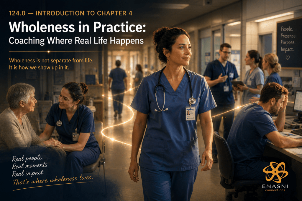 Cinematic healthcare image titled “Introduction to Chapter 4 — Wholeness in Practice: Coaching Where Real Life Happens.” A clinician walks through an active hospital corridor surrounded by authentic moments of care, teamwork, fatigue, conversation, and support. Warm natural lighting and a subtle flowing golden pathway connect the human interactions across the environment. Enasni gold atom logo positioned bottom right.