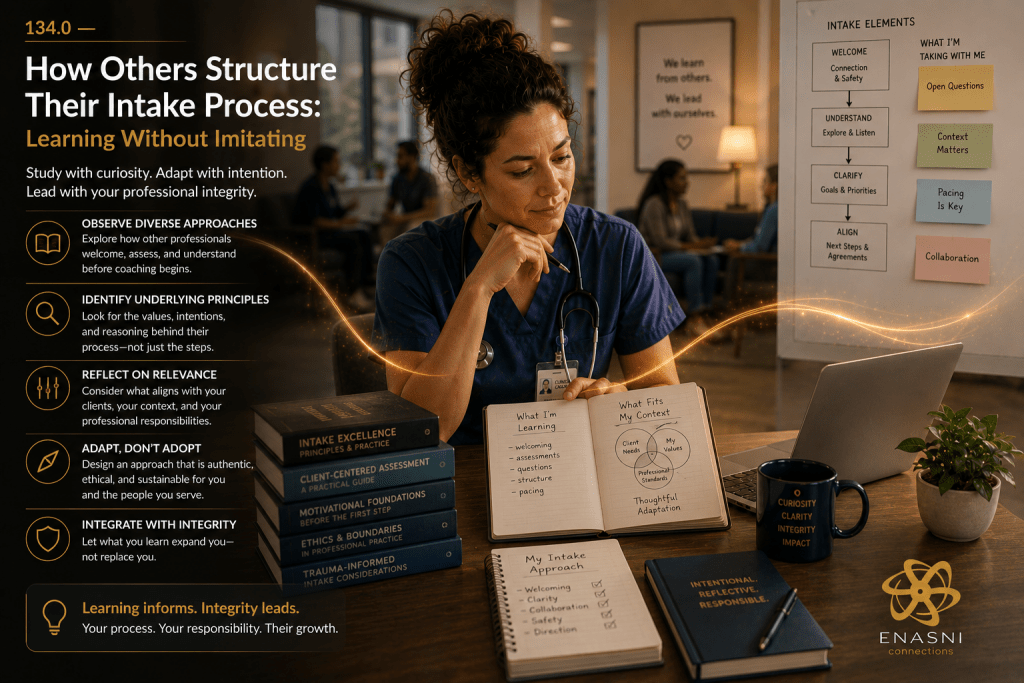 Cinematic healthcare image titled “How Others Structure Their Intake Process — Learning Without Imitating.” A clinician sits thoughtfully reviewing notes, diagrams, and intake frameworks from different professional approaches. Warm lighting, reflective posture, and subtle golden pathways symbolise discernment, adaptation, and professional integrity. Background softly active with healthcare discussion and collaboration. Enasni gold atom logo positioned bottom right.
