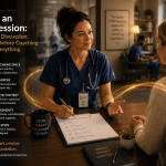 Cinematic healthcare image titled “Running an Intake Session — A Professional Discussion: What You Do Before Coaching Determines Everything That Follows.” A clinician and client sit together in a warm consultation environment during an initial intake conversation. Documents, notes, and attentive body language signal clarity, listening, and collaborative preparation. Soft golden pathways move across the space, symbolising trust and aligned direction forming from the beginning. Enasni gold atom logo positioned bottom right.