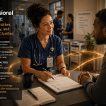 Cinematic healthcare image titled “A Professional Exchange — Where Information, Responsibility, and Respect Are Clarified.” A clinician and client sit across from one another in a warm professional environment reviewing documentation together. Body language calm, collaborative, and grounded. Soft golden pathways move between both individuals, symbolising clarity, trust, and mutual understanding. Enasni gold atom logo positioned bottom right.