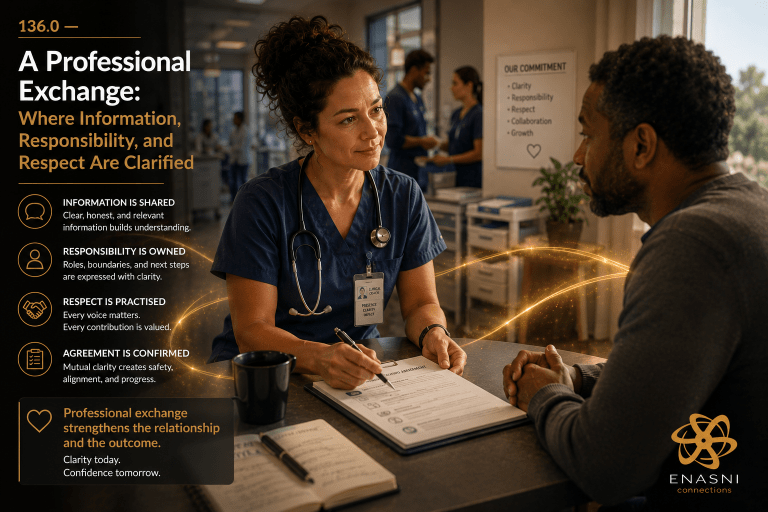 Cinematic healthcare image titled “A Professional Exchange — Where Information, Responsibility, and Respect Are Clarified.” A clinician and client sit across from one another in a warm professional environment reviewing documentation together. Body language calm, collaborative, and grounded. Soft golden pathways move between both individuals, symbolising clarity, trust, and mutual understanding. Enasni gold atom logo positioned bottom right.