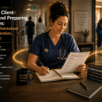 Cinematic healthcare image titled “Reviewing Client Progress and Preparing for Sessions — Progress Is Maintained Through Attention, Not Pressure.” A clinician sits in a warm, quiet preparation space reviewing client notes before a session. Soft golden pathways move across the desk and into the wider healthcare environment, symbolising continuity, care, and steady progress. Background activity remains calm and human-centred. Enasni gold atom logo positioned bottom right.
