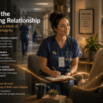 Cinematic healthcare image titled “Ending the Coaching Relationship — Completion as a Mark of Professional Integrity.” A clinician and client sit in calm reflective conversation near the close of a coaching journey. Warm evening light fills the room while subtle golden pathways flow outward from the interaction, symbolising continuity beyond the session. Background softly active with real healthcare movement. Enasni gold atom logo positioned bottom right.
