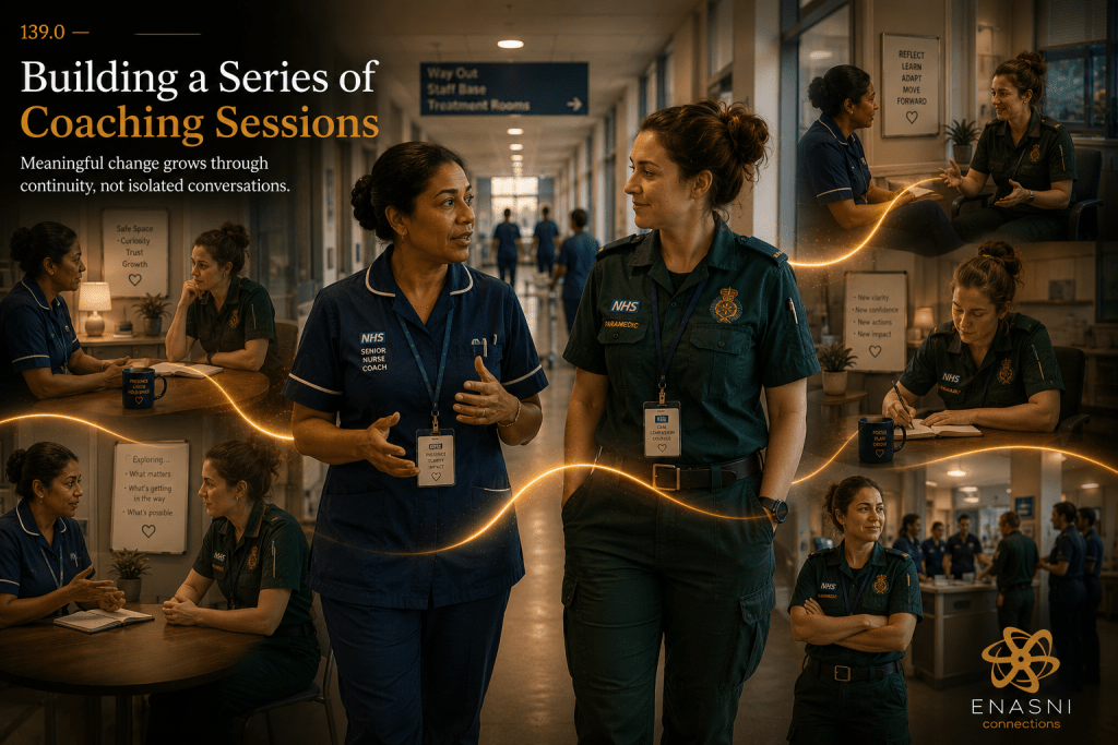 Cinematic healthcare image titled “Building a Series of Coaching Sessions.” A South Asian senior nurse coach walks alongside a paramedic through a busy hospital corridor while subtle scenes from multiple coaching conversations unfold naturally throughout the environment. A flowing golden pathway connects each stage of development, symbolising growth, continuity, and sustained professional support. Enasni gold atom logo positioned bottom right.