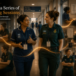 Cinematic healthcare image titled “Building a Series of Coaching Sessions.” A South Asian senior nurse coach walks alongside a paramedic through a busy hospital corridor while subtle scenes from multiple coaching conversations unfold naturally throughout the environment. A flowing golden pathway connects each stage of development, symbolising growth, continuity, and sustained professional support. Enasni gold atom logo positioned bottom right.