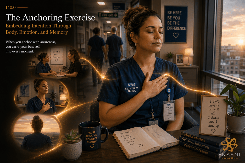 Cinematic healthcare image titled “The Anchoring Exercise — Embedding Intention Through Body, Emotion, and Memory.” A frontline nurse sits quietly in a hospital staff room with eyes closed and hand resting over the chest in a grounding practice. Warm sunrise light enters through large windows while subtle scenes of reflection, coaching conversation, and personal awareness surround the central figure. A flowing golden pathway connects the moments, symbolising intention, emotional regulation, memory, and embodied presence. Enasni gold atom logo positioned bottom right