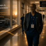 Cinematic healthcare image titled “Process, Stages & Tools of Preparation (Part 6/10) — Long-Term Preparation: Becoming the Coach You Practise Being.” An experienced Black emergency medicine consultant walks calmly through a quiet hospital corridor at sunrise. Warm morning light fills the space while staff begin their day in the background. A subtle golden pathway is woven into the corridor environment, symbolising years of embodied practice, growth, and professional identity. Enasni gold atom logo positioned bottom right.