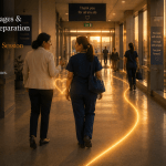 Cinematic healthcare image titled “Process, Stages & Tools of Preparation (Part 7/10) — Drawing the Session to a Close.” A South Asian coach and frontline nurse walk together through a hospital corridor toward an exit bathed in warm evening light. Staff move quietly through the background while a glowing golden pathway begins between both individuals and gradually continues ahead with the nurse, symbolising ownership, confidence, and continued growth beyond the coaching session. Enasni gold atom logo positioned bottom right.