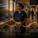 Cinematic healthcare image titled “Process, Stages & Tools of Preparation (Part 8/10) — The Three Stages as One Continuum.” A frontline NHS nurse stands calmly in a hospital corridor at sunrise while healthcare professionals move naturally through the background. A flowing golden pathway travels continuously through three connected stages representing before, during, and after a coaching interaction. The visual conveys preparation, presence, and integration as one continuous process rather than separate events. Enasni gold atom logo positioned bottom right.